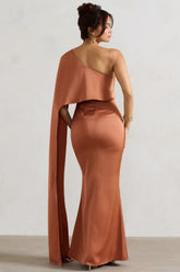 Rust Satin Asymmetric Cape-Sleeve Split Maxi Dress